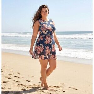 Torrid Underwire Mesh Overlay Swim Dress 1X DD/DDD Blue Floral Push Up Bra UPF